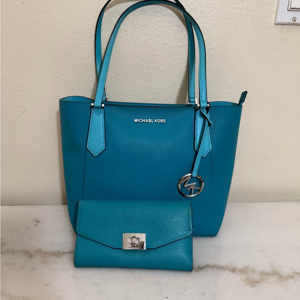 Michael Kors Turquoise Tote with Matching Wallet
